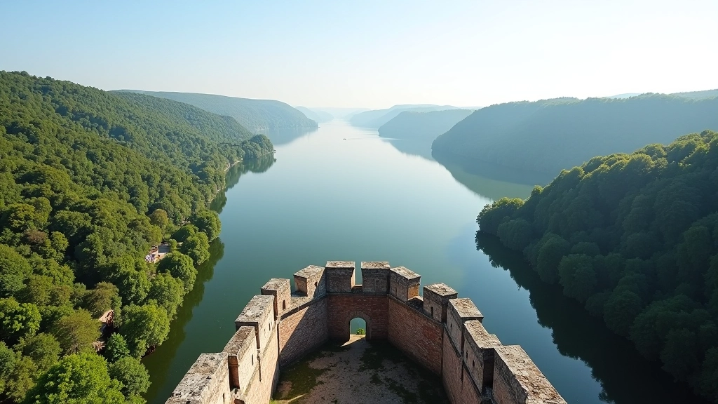 Panoraminis vaizdas iš pilies bokšto ant ežero, ryti žemė priekyje, medžiai abiejose pusėse, aiški diena