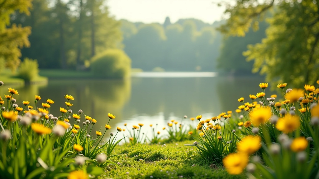 Sezoninis peizažas su pavasario žiedais ir spalvomis